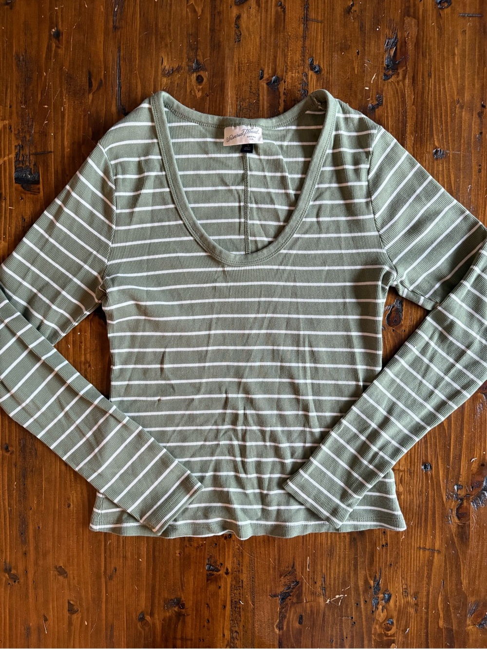 Universal Thread Olive & White Striped Scoop Neck Long Sleeve Top